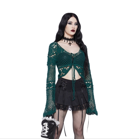 Dolls Kill Dark Green Crochet Cardigan - Picture 1 of 4